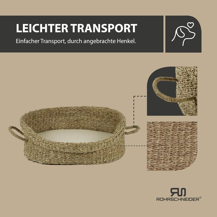 Корзина для собак Rohrschneider з ручками для маленьких та середніх собак | Ручна плетіння з морської трави, посилений високий борт | Знімний, пральний чохол | Розмір 1 (51 x 43 см)