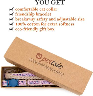 Набір ошейників для котів Pettsie та браслети дружби, безпечний дизайн з м'якої бавовни, D-подібне кільце для аксесуарів, регульований розмір 19-29 см (12,7-20,3 см, фіолетовий)