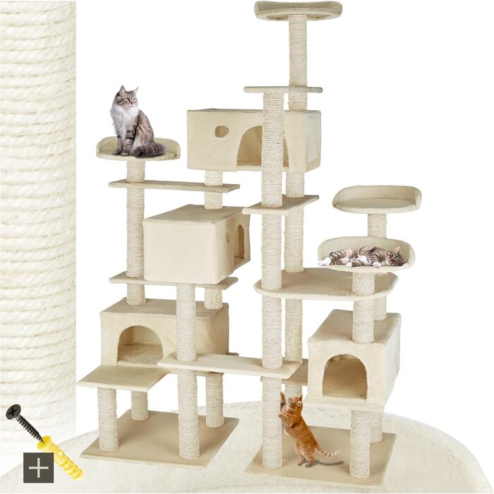 Тектейк® Кігтеточка для котів велика, кігтеточка з аксесуарами, XXL кігтеточка з 4 будиночками, ігровий комплекс з кігтестолом, кігтеточний стовп з сизалю, можливе кріплення до стіни - сірий (Бежевий | № 403919)