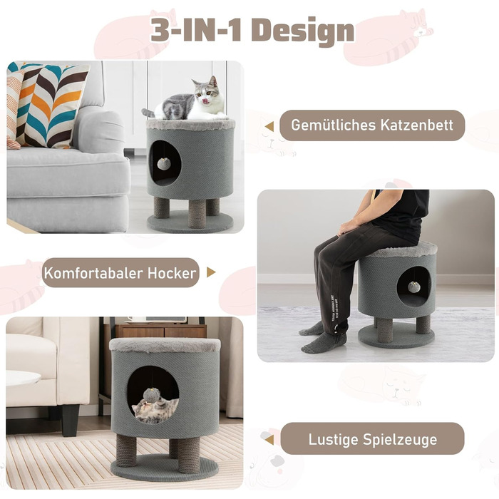 Котячий будиночок SOARS з дряпальною колоною, кігтеточка, кігтешкребок для котів, сізого кольору, 40x40x47 см