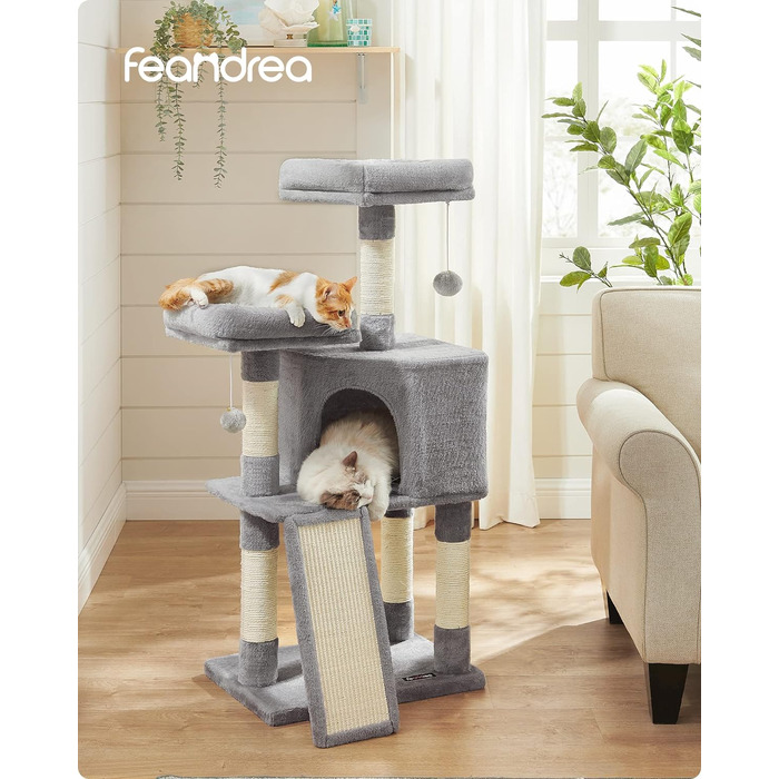Дряпка для котів Feandrea, 115 см, світло-сіра, з платформами, м'яким плюшем і стовпами з сизалю