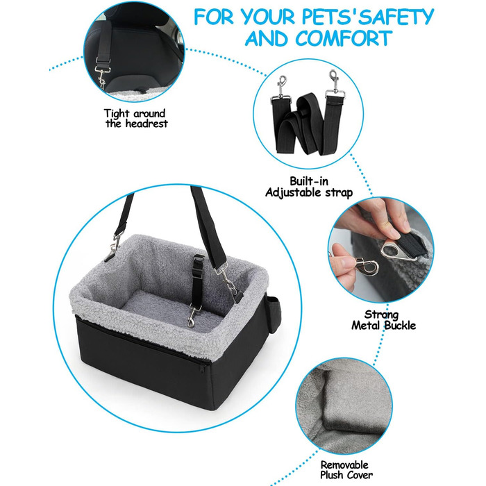 Автокрісло для собак - підвищене автокрісло для маленьких собак, цуценят. Чорно-сірий колір, вантажопідйомність до 20lbs