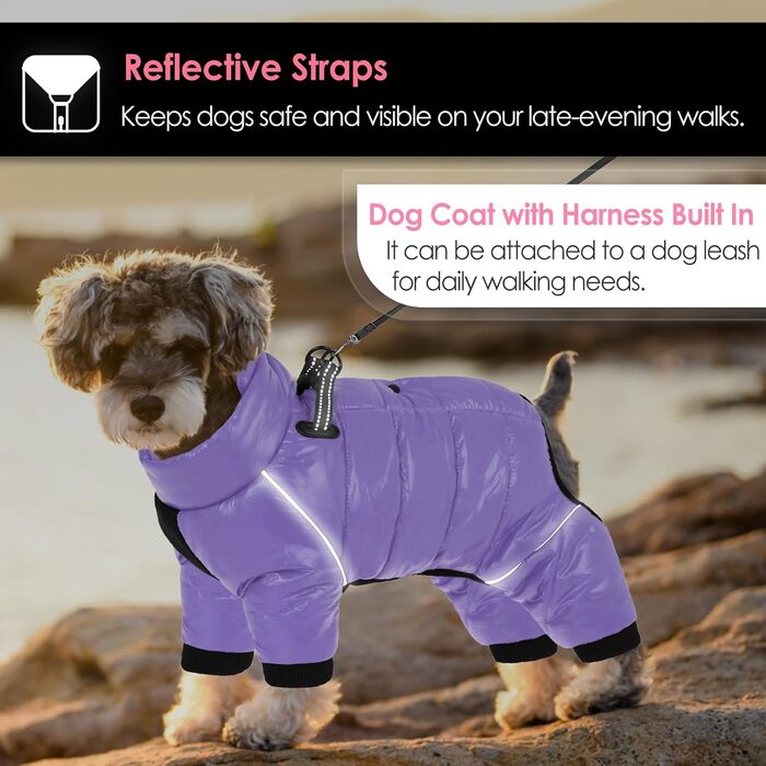 Водонепроникний зимовий теплий одяг для собак AOFITEE, куртка для маленьких та середніх собак, вітрозахисний зимовий одяг з світловідбиваючими смугами та блискавкою, комбінезон для собак з флісом, колір: фіолетовий