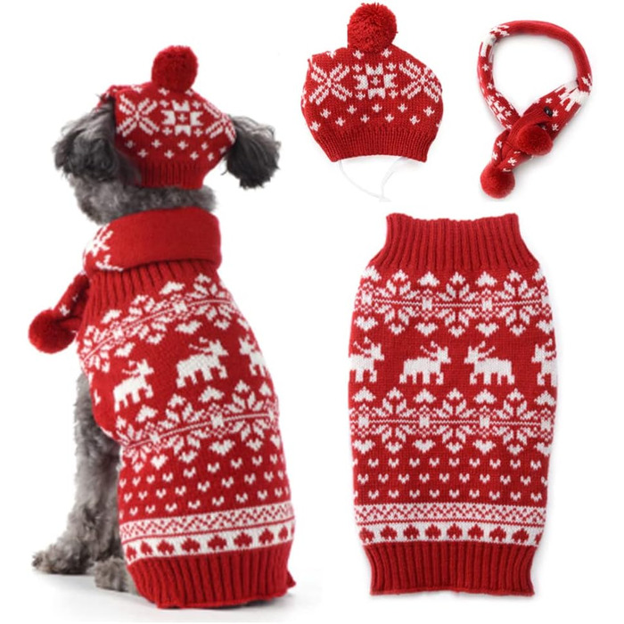 Святковий новорічний пуловер для собак Schalmütze Set, теплий зимовий костюм для тварин (S, червоний)