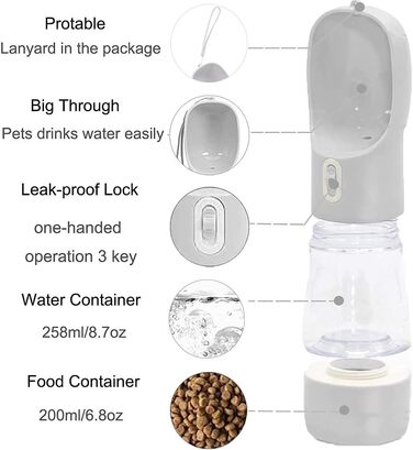 Yiflin 3-в-1 портативна пляшка для собак з мискою та контейнером для корму, дорожня пляшка-дозатор для прогулянок, походів та пиття