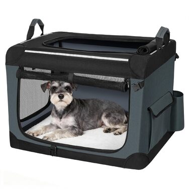 Транспортна переноска для собак Fobyfurny, сіра, 60 x 42 x 42 см, 60 л, з відбиваючими смугами та кишенями, знімний мат, Oxford-тканина, FPDT005OG1