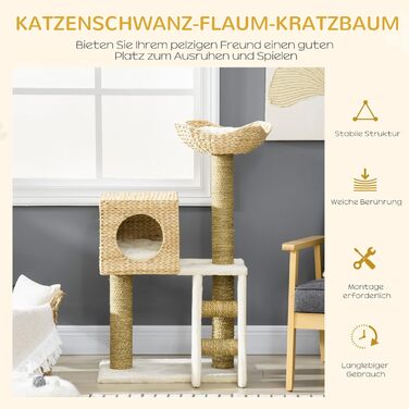 PawHut Когтеточка для котів 100,5 см з будиночком, лежаком, драбинкою, подушкою та сизалевими стовпчиками, для котів до 4,5 кг, натуральний колір