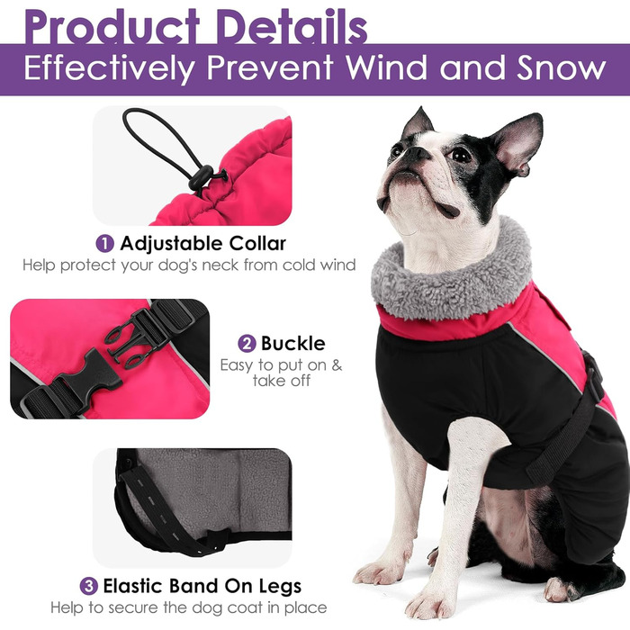 Теплий зимовий одяг для собак AOFITEE з отвором для повідка, водонепроникна куртка для собак, підходить для маленьких, середніх та великих собак, рожево-червоний