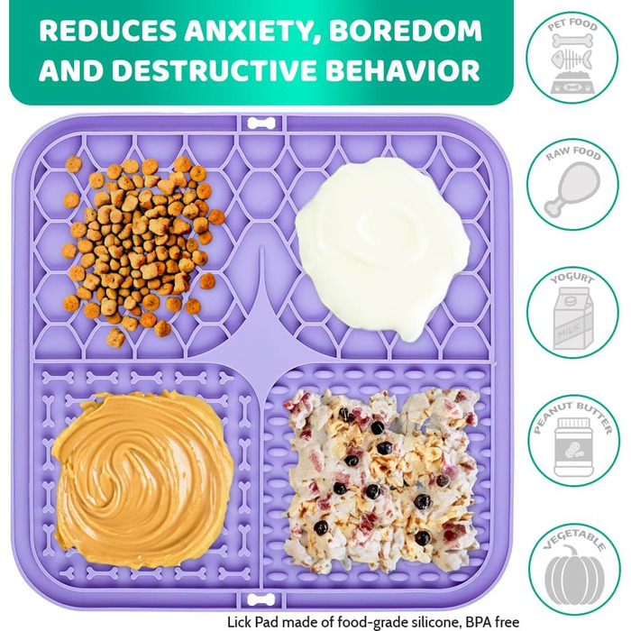 Килимок-лизун для собак та котів, 20 см, з міцними присосками для зняття тривоги та розваг, для купання та дресирування, лопатка та щітка, 2 шт. (фіолетовий та сірий)