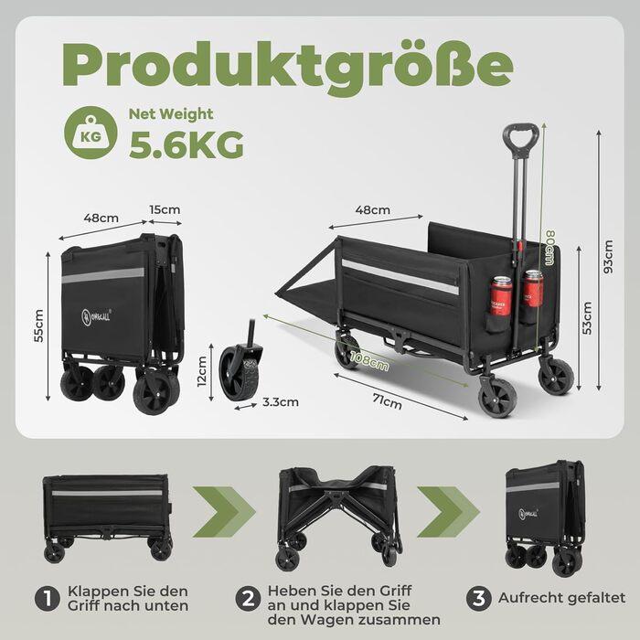 Складаний вагончик Bollerwagen 120L з дашком, 120кг, для пляжу, кемпінгу, собак, покупок та транспортування