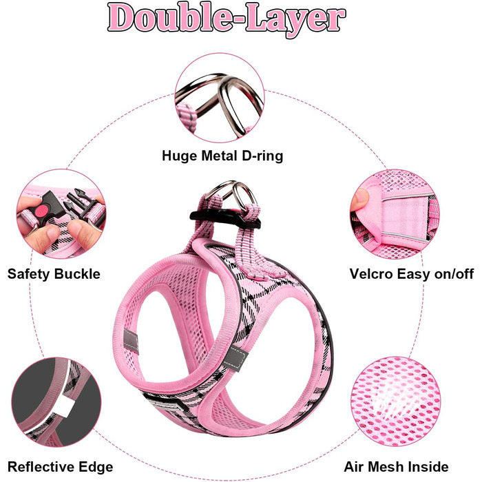 Нашийник для собак маленьких порід з повідком, анти-тягнучий, світловідбиваючий, дихаючий, нагрудник для цуценят (S, обхват грудей: 29-33см) (Рожевий в клітинку, XL (обхват грудей: 46-53см, вага: 8-10.5кг))