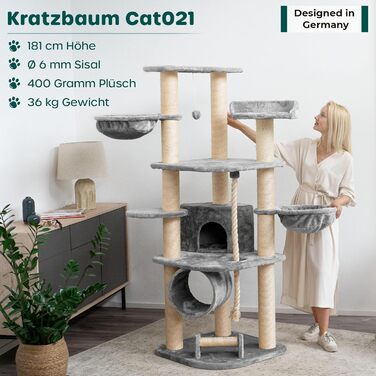 HAPPYPET Дряпка для котів 181 см, стійке котяче дерево, товсті стовпи 11 см, будиночок і ігровий тунель, великі лежанки, канат, сірий
