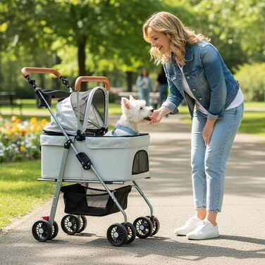 Візок для тварин Simcat: для собак та котів, складний, з гумовими колесами 360° (сірий)