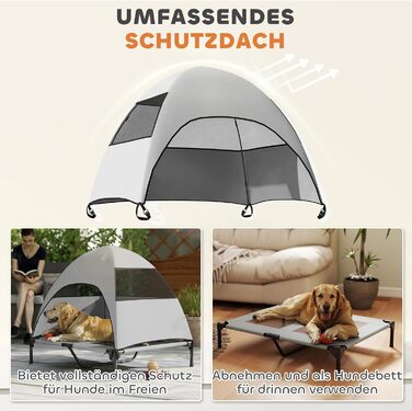 Лежанка для собак PawHut Outdoor з дахом, підняте ліжко для середніх собак, ліжко для домашніх тварин з охолоджуючим ефектом, миється сітчастий сталевий каркас, переносна сумка, ліжко для собак для вулиці, кемпінгу 76x61x71cm, (L 91 x W 76 x H 90 cm, світ