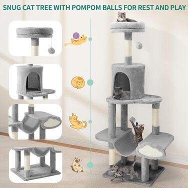 Кігтеточка YITAHOME XXL для котів, 142 см, сірий, з 8 стовпів з сизалю, 3 платформи, 2 печери, гамак, іграшки, кігтешкребок, крізьбаум