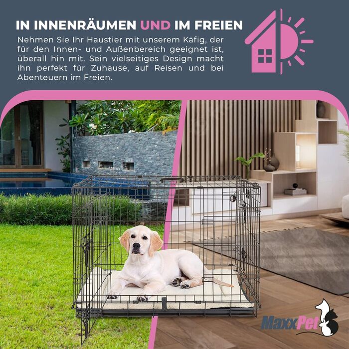 MaxxPet Клітка для собак XL металева, складна, з двома дверима, подушкою та поїлкою, для великих порід, чорна, 107x71x76 см, для дому та вулиці