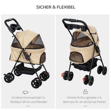 PawHut Dog Cart Dog Buggy Folding Function Коляска для маленьких собак Кішки Візок для домашніх тварин Oxford Khaki 67x45x96см