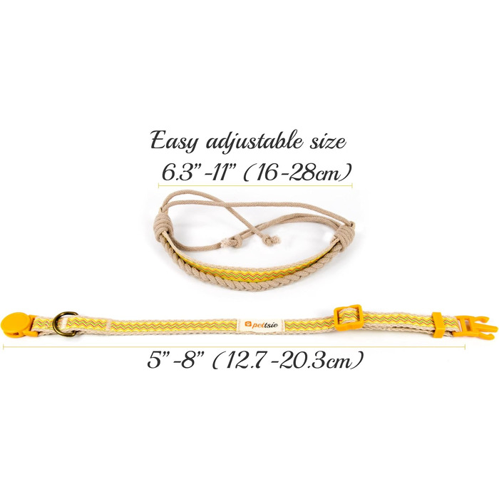 Нашийник для кота Pettsie з безпечною застібкою та браслетом дружби, міцна бавовна, D-подібне кільце для аксесуарів, регульований розмір 19-29 см (12,7 - 20,3 см, жовтий)