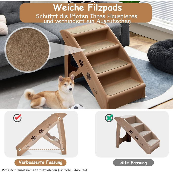 Сходинки для домашніх тварин GYMAX з 4 сходинками, складані, з пластику, з неслизькими підкладками, 4 килимками, трикутною структурою, для котів та собак (колір кавовий)