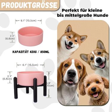 Підвищена годівниця для собак, керамічна миска для корму з нержавіючої сталі, діаметр 15,5 см, об'єм 850 мл, білий колір (середній, рожевий)
