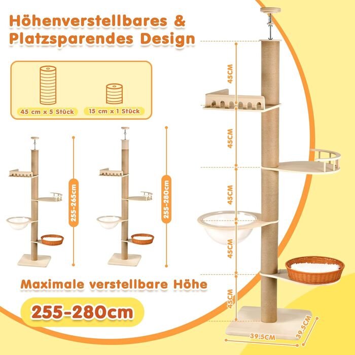 Комплекс для котів Kratzbaum з 5 поверхів, до стелі, регульована висота (255-270 см), з огорожами та сизалевими стовпами, котячий будиночок з капсулою та плетеним кошиком
