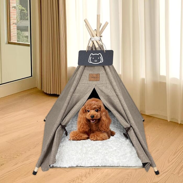 Палатка для тварин Tipi, будиночок для собак та котів з плюшевою подушкою, 60x60x70 см, коричневий