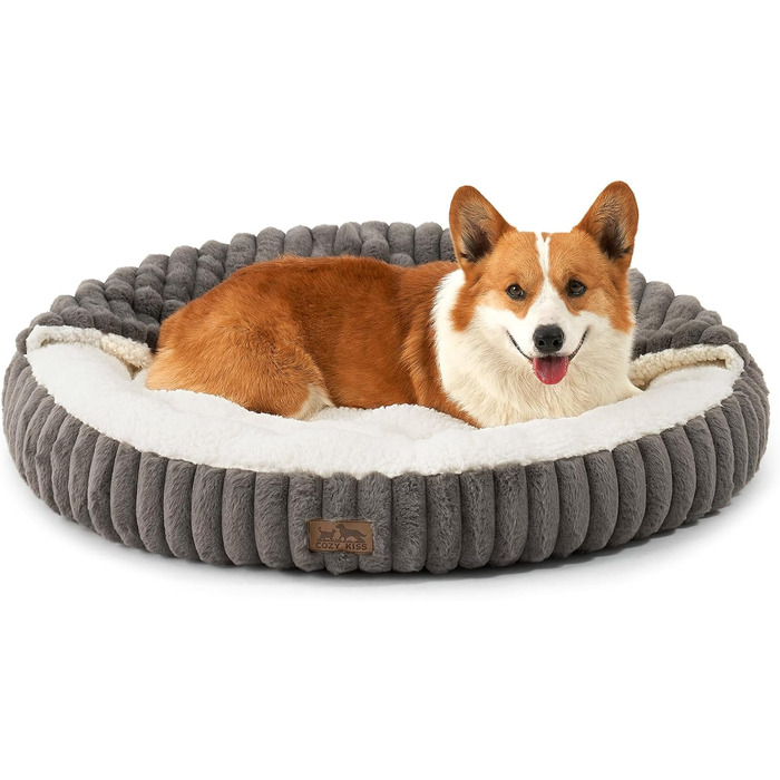 Кругле ліжко для собак COZY KISS з ковдрою, антистресове, для середніх та великих собак, м'яке, з штучним хутром та неслизьким дном (89x89x18 см, сірий)
