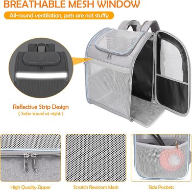 Рюкзак-переноска для собак та котів ALLSOPETS, сірий, з безпечним ременем та світловідбиваючими смугами