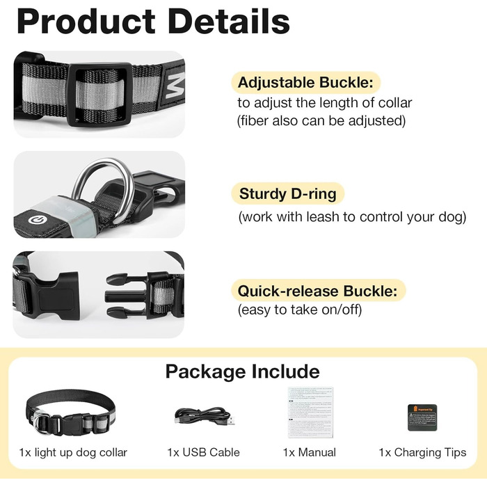 Світлодіодне нашийник для собак Leuchthalsband PcEoTllar, водонепроникний, 7 кольорів, регульований, для малих та великих собак, чорний, S-Upgrade