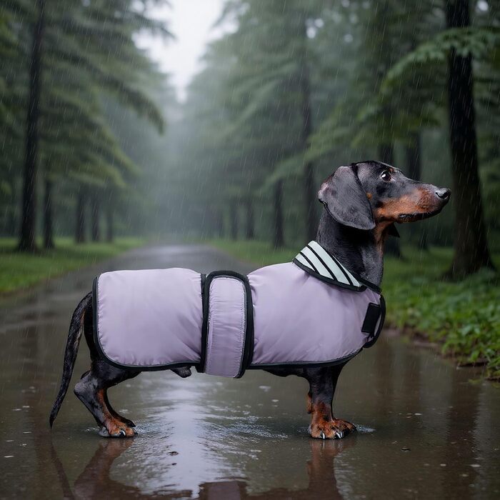Дощовик для собак Geyecete, регульований, водовідштовхуючий, для такс, з світловідбиваючими ременями, з поясом на липучці, розмір M (довжина спини 42-45 см), колір фіолетовий