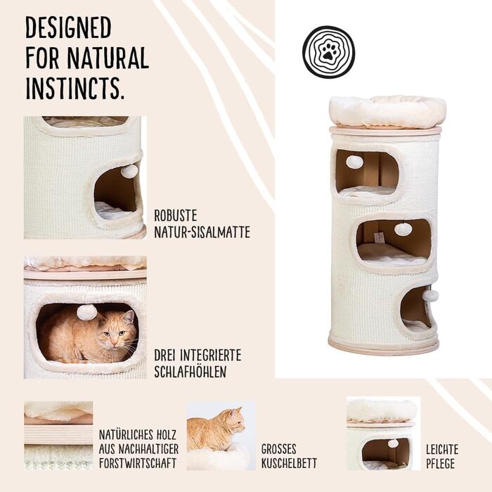 Кігтеточка-стійка Primrose Natural Paradise | З міцним сизалевим килимком | Кремовий | H 110 x Ø 49 см (XXL)