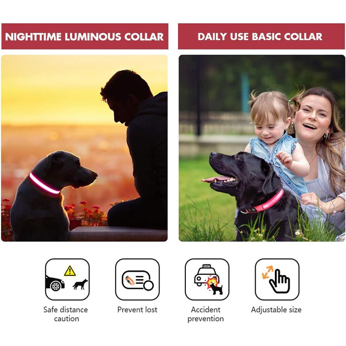 Світловідбиваючий нашийник для собак ASBRILL з LED-підсвічуванням, USB-C, водонепроникний, регульований, 3 режими світла, для собак малого, середнього та великого розміру (L, ЧЕРВОНИЙ)