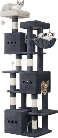 Великий котячий будиночок-кліматизатор, 193 см, XXL, з 7 стовпчиками для шліфування, 3 будиночками, 2 платформами, 2 плюшевими кульками, корзиною, мотузкою для лазіння, багатоповерховий, MS19218LG (темно-сірий)