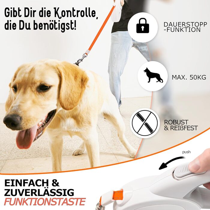 Блузель 8м Рулетка для собак до 50 кг, Неонова жовта рулетка з відбивачем, карабін 360°, ергономічна ручка з гумою та стопором