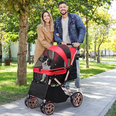 Візок для собак YITAHOME, червоний, для маленьких собак, з обертовим ручками, сітковими вікнами та гальмами