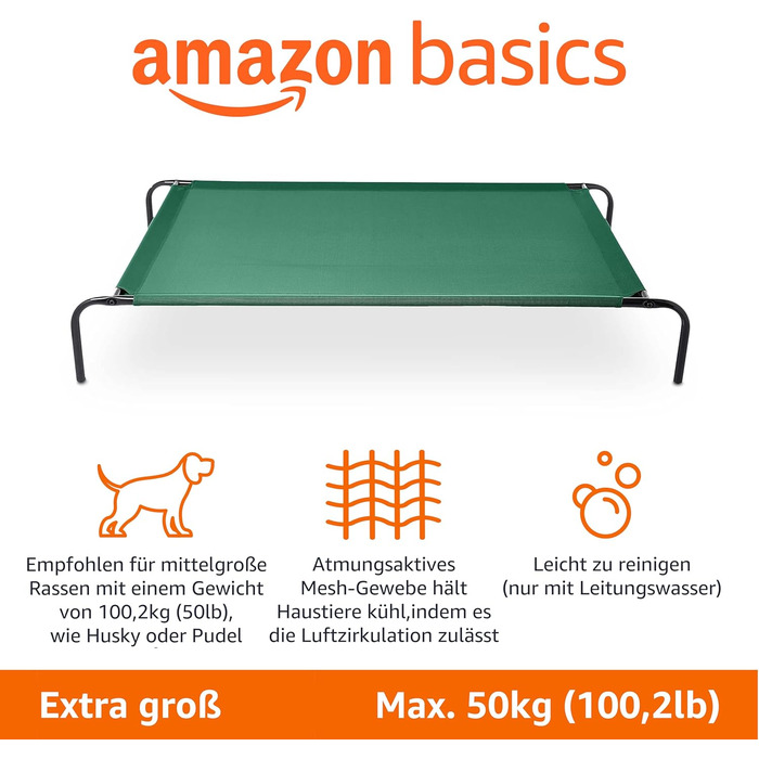 Крісло-ліжко для собак Amazon Basics, зелене, розмір L (110 x 65 x 19 см), підвищене, комфортне