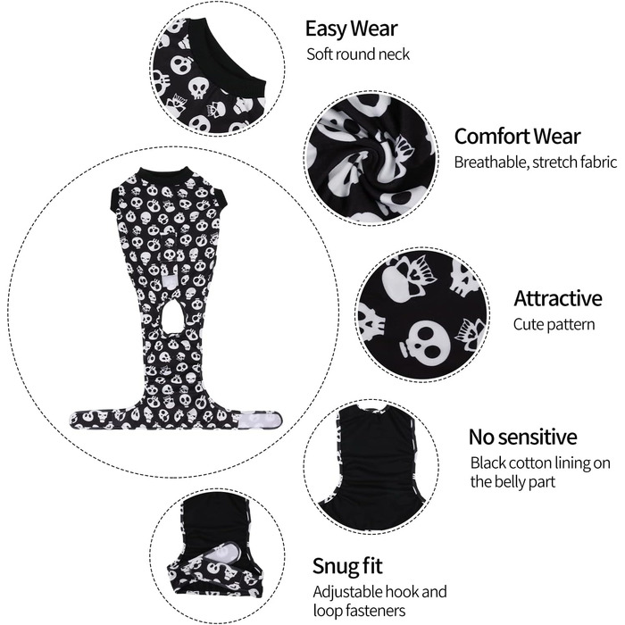 Комбінезон для собак та котів CuteBone Skulls післяопераційний, середній, для захисту ран, SSF05M-DE