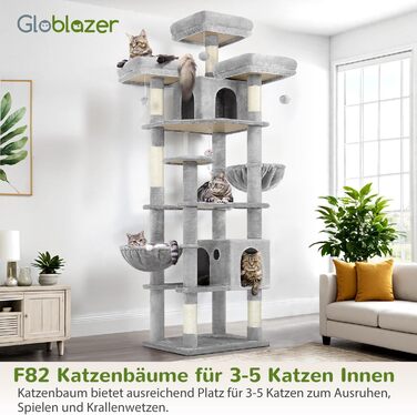 Драбина-кіготь Globlazer XXL 209 см з 3 м'якими стійками, 2 будиночками, 2 кошиками, великою платформою та іграшками для котів. Стабільна, для 3-5 котів.