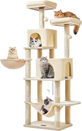 Декількаповерховий комплекс для котів Taoqimiao 170 см з будиночками, гамаком, корзиною та 8 стовпчиками для дряпання, MS013M, бежевий