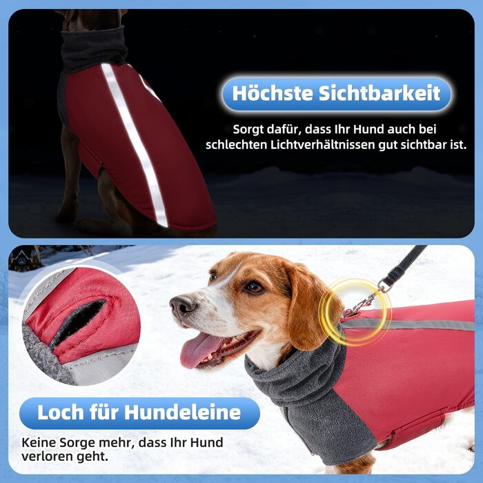 Зимовий теплий одяг для собак SlowTon: куртка з поларфлісу з коміром-шарфом, світловідбивачі, регульована, водонепроникна, вітронепроникна, для цуценят, м'яка, червона (M)