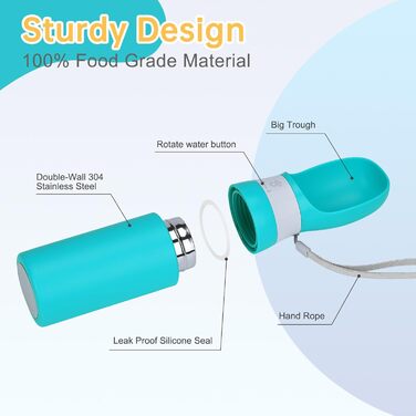 Портативна пляшка для води для собак, нержавіюча сталь, не протікає, диспенсер для води та корму для цуценят, для подорожей, прогулянок, походів та активного відпочинку