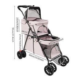 Двошаровий переносний вагончик для собак та котів, складаний, сірий, 40 кг, сітка, гальма, кишеня для зберігання, карбоновий сталь, 95x60 см