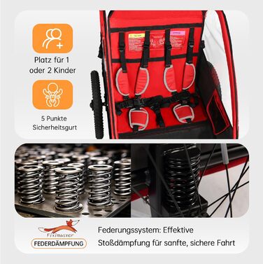 Дитячий велопричіп 2в1 з функцією візка та бігуна, амортизація, регульована ручка-штовхач та гальма, для 1-2 дітей до 40 кг (Червоний)