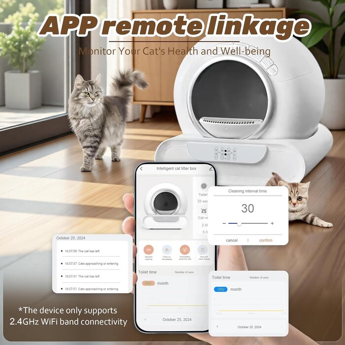 Автоматичний лоток для котів великого розміру з самоочищенням, 65л + 9л, з керуванням через додаток, низький вхід, видалення запаху, для кількох котів