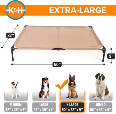 Підвищене собаче ліжко K&H Pet Products для вулиці, дихаюче, охолоджуюче, гамак для великих собак XL, знімний мережевий чохол, міцний металевий каркас, складане, портативне (127 x 81 x 23 см, світло-коричнева сітка для всіх сезонів)