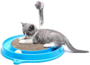 Кігтеточка для котів з м'ячиком та іграшковою мишкою - інтерактивна іграшка для кошенят, тренування та розваги. Ігровий мат для котів, синій.