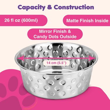 Набори мисок для собак та котів з нержавіючої сталі (2 шт.) – миски для води з неслизьким дном, 600 мл, діаметр 14 см (Candy Dots)