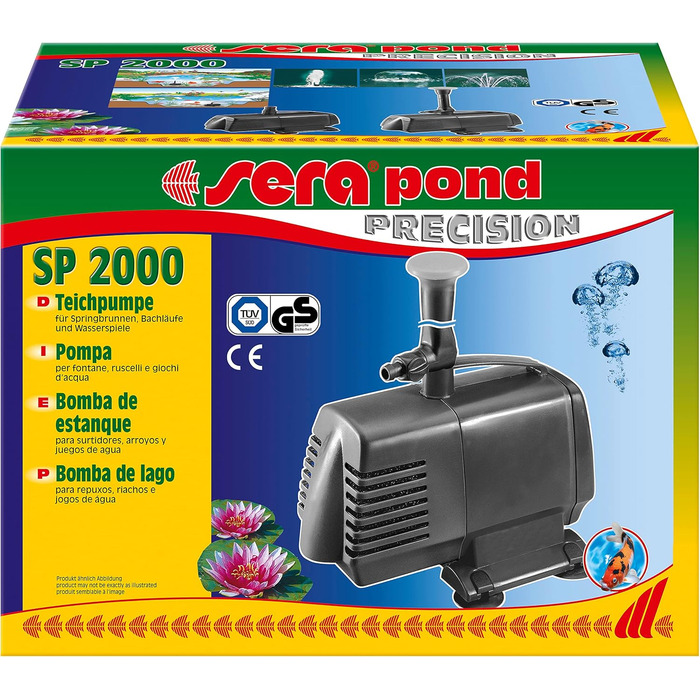 Прудова помпа sera pond SP 2000, 750 л/год, 18 Вт, висота підйому 1 м, змінне водограйнє сопло, монтаж на присосках