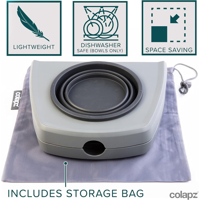 Набір з 2 склавних мисок для собак Colapz зі стійкою – регульована висота, підходить для собак та котів – портативні для подорожей, кемпінгу, авто – силіконові миски з сумкою, сірі