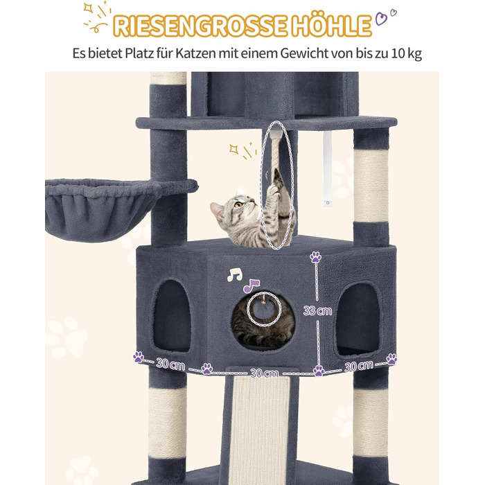 Кігтеточка для котів Hzuaneri, 174 см, XL, 2 платформи, 2 печери, 4 стовпчики, дошка для заточування кігтів, мотузка з сизалю, плюшеві кульки, для багатокотових сімей, MS17418LG (Темно-сірий)